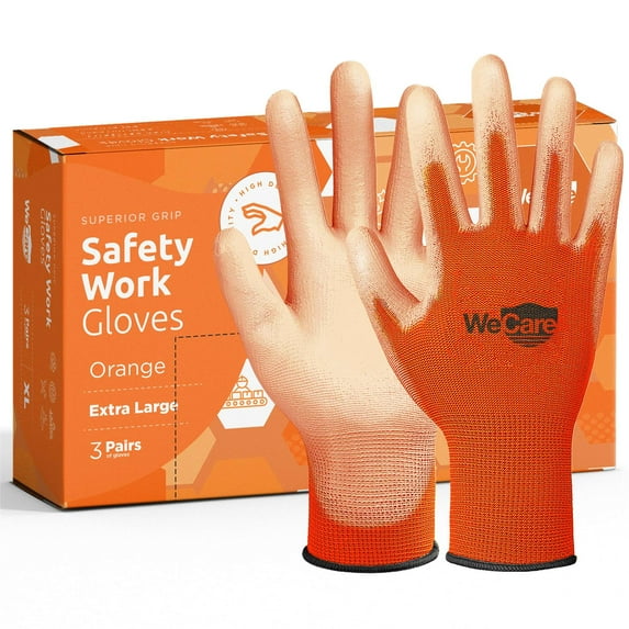 WeCare Safety Work Gloves PU Coated, Superior Grip (Extra Large) - 3-Pair - Orange