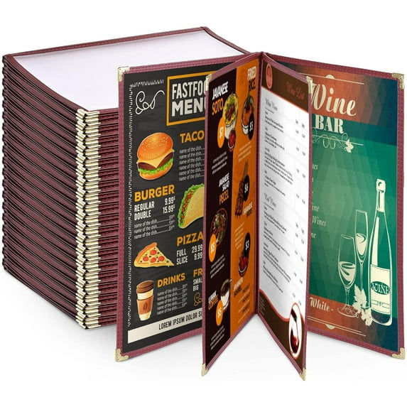WeChef 20 Pack Restaurant Menu Covers 8.5 x 14" Book Style 4 Pages 8 Views PVC Transparent Restaurant Menu Holder Book Cafe Hotel Bar Burgundy