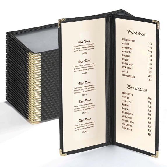 WeChef 30 pack 4.25"x11" Restaurant Menu Book Covers 2 Page 4 View Double Fold for Cafe Hotel Bar Black