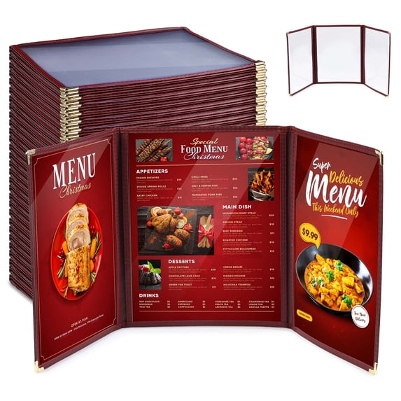 WeChef 30 pack 8.5"x11" Restaurant Menu Book Covers 3 Page 6 View Book Style for Cafe Hotel Bar Burgundy