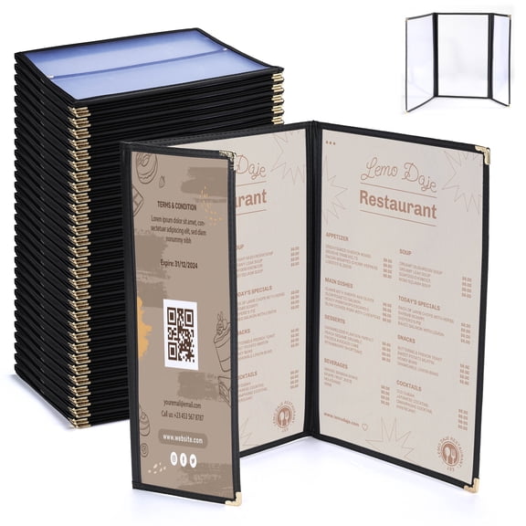 WeChef 30 pack Restaurant Menu Book Covers 8.5"x14" 2 Page 4 View & 4.25x14" Half Page Wine List Bar Cafe Black