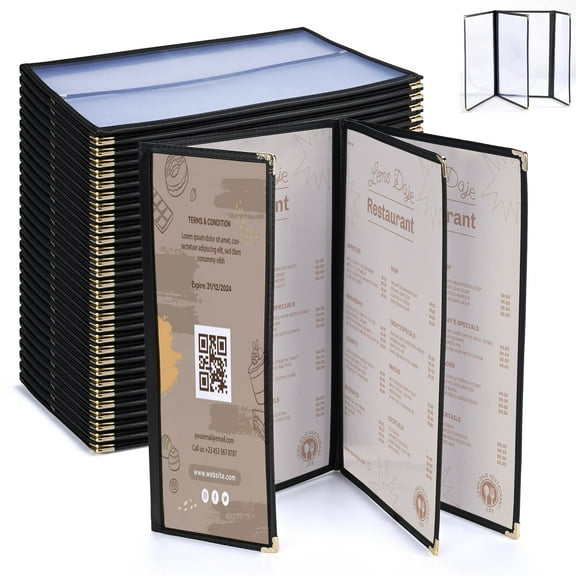 WeChef 30 pack Restaurant Menu Book Covers 8.5"x14" 3 Page 6 View & 4.25x14" Half Page Wine List Bar Cafe Black