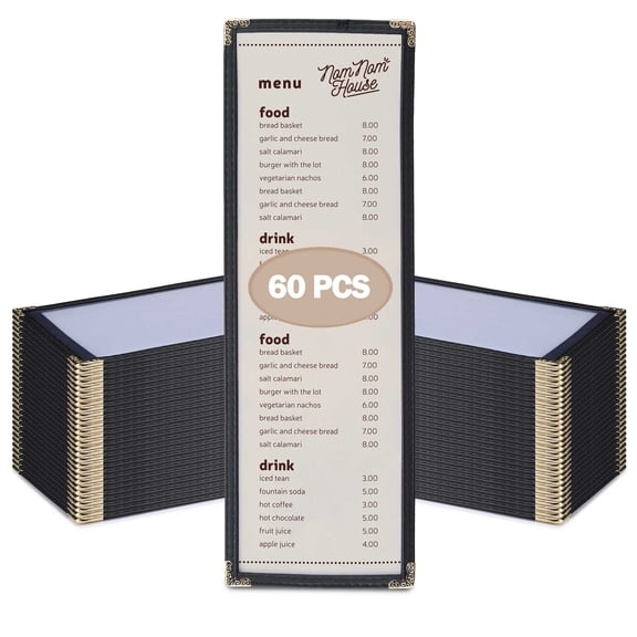 WeChef 60 Pcs Restaurant Menu Covers 4.25 x 14" Single Page 2 View PVC Transparent Menu Sleeves for Wine List Drink Bar