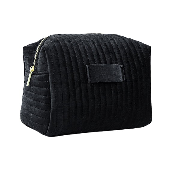 WeDecorBay Embroidered Striped Velvet Cosmetic Bag Soft Storage Compact Design Smooth Zipper Versatile Use Ideal for Daily Outings Travel Makeup Organizing Essentials Black