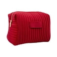 thumbnail image 1 of WeDecorBay Embroidered Striped Velvet Cosmetic Bag Soft Storage Compact Design Smooth Zipper Versatile Use Ideal for Daily Outings Travel Makeup Organizing Essentials Red, 1 of 6