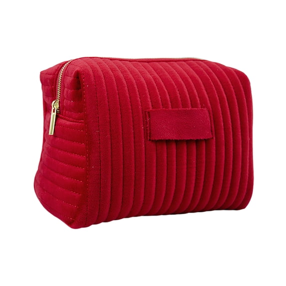 WeDecorBay Embroidered Striped Velvet Cosmetic Bag Soft Storage Compact Design Smooth Zipper Versatile Use Ideal for Daily Outings Travel Makeup Organizing Essentials Red