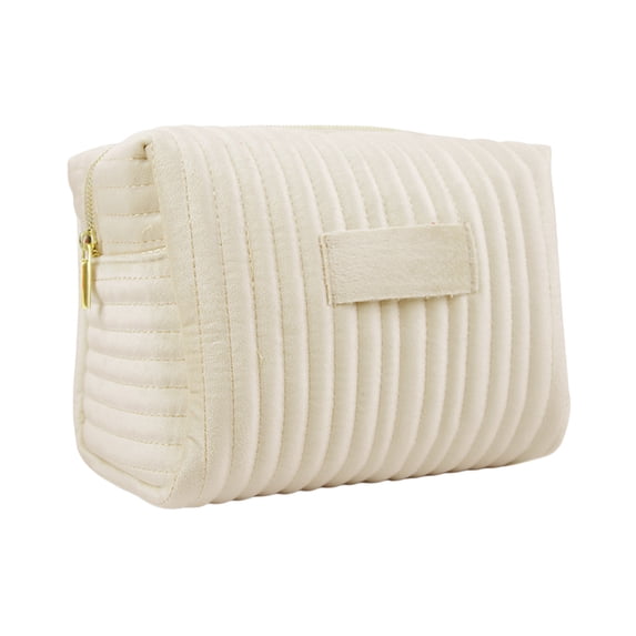WeDecorBay Embroidered Striped Velvet Cosmetic Bag Soft Storage Compact Design Smooth Zipper Versatile Use Ideal for Daily Outings Travel Makeup Organizing Essentials Beige