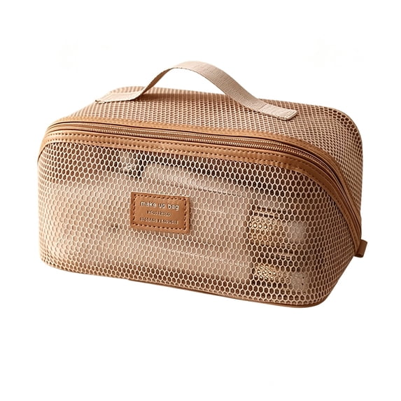WeDecorBay Gauze Make-up Bag Large-capacity Stylish Portable Cosmetic Organizer Smart Partitioning Versatile Toiletry Pouch Travel Accessory Makeup Storage Brown