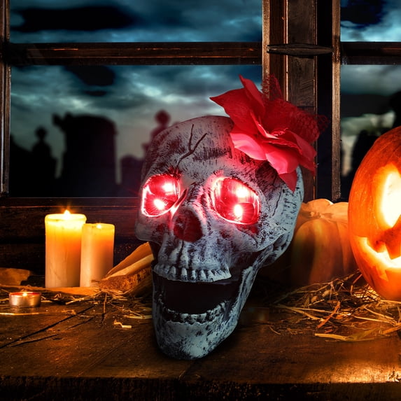 WeDecorBay Halloween Skull Head Garden Prop Full Size Skeleton Hand Model Decor For Haunted House Party Yard Display Horror Ornament 6.3x7.5x5.5in