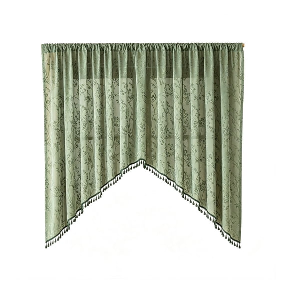 WeDecorBay Branch Embossed Sheer Valance Curtain, V Shaped Tassel Short Curtain, Rod Pocket Light Filtering Window Curtain for Kitchen Indoor Decor, 3 Sizes Available, 1 Panel