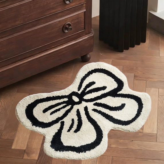 WeDecorBay Special Bow Shaped Imitation Soft Fleece Floor Rug PVC Backing Soft Absorbent Decorative Cuttable Bedroom Entryway Foot Carpet 15.7 x 23.6 In White,Free Size