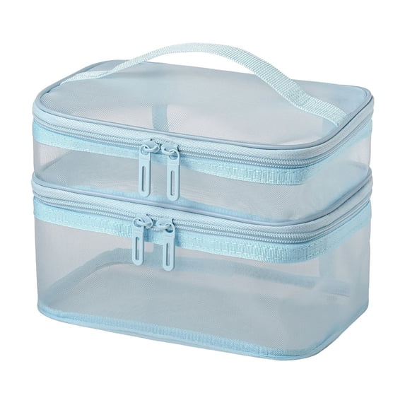 WeDecorBay Two Layered Makeup Storage Bag Nylon Large Capacity Portable Toiletries Organizer Travel Accessories Foldable Design Transparent Mesh Handbag Blue,Free Size