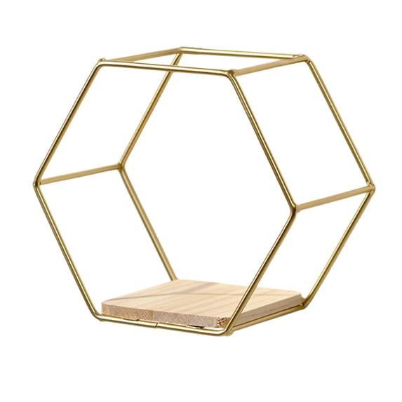 WeDecorBay Wall Mounted Hexagonal Floating Shelf, Metal Wood Partition Storage Rack, Wall Mounted Hexagonal Floating Shelf for Bedroom Living Room Office Decor 6.5 x 5.71 x 3.74 inches Gold,Free Size