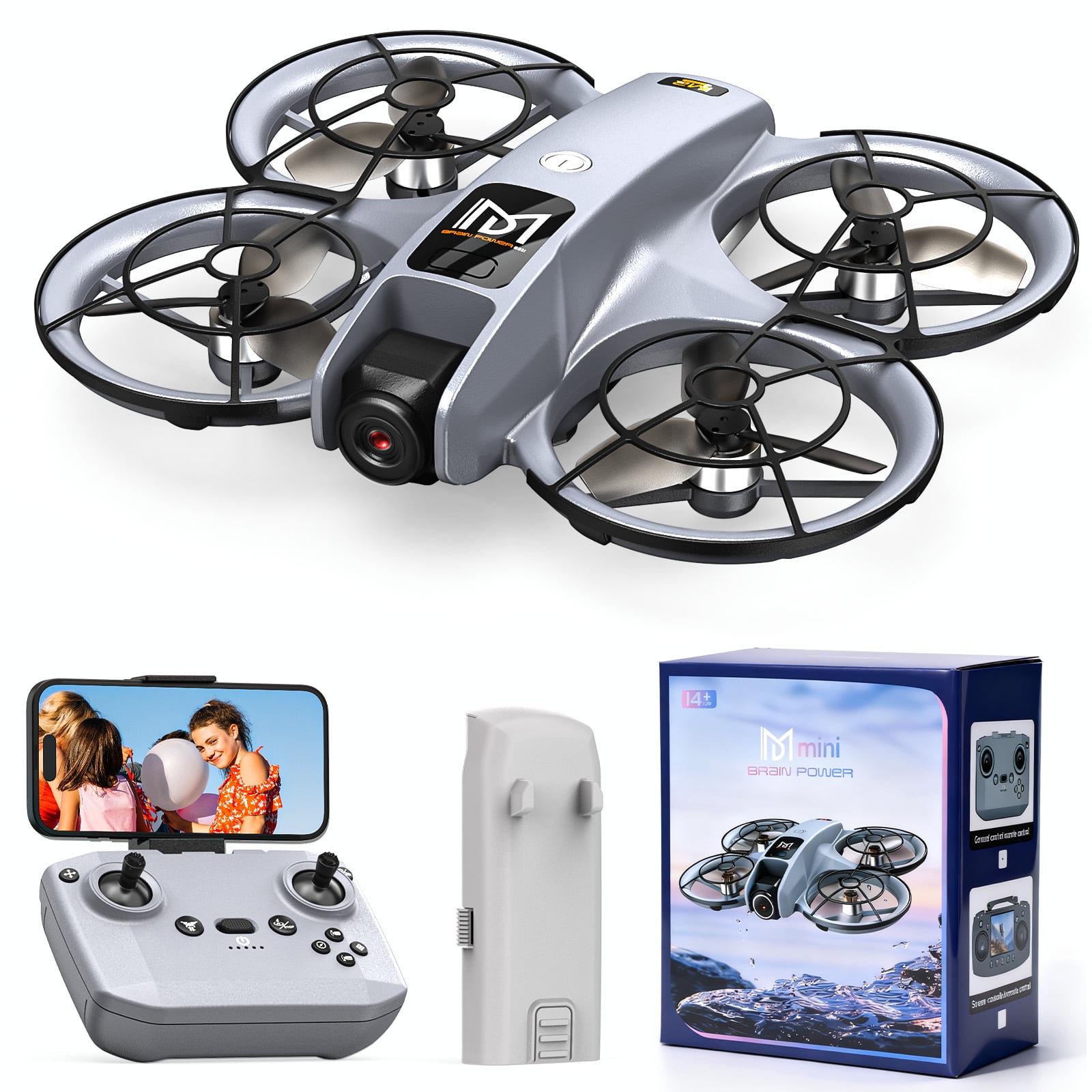 Wefone M2 Drone with HD Camera for Kids, One-Key Takeoff and Landing, 360 Flip, Headless Mode, Optical Flow Hover, Brushless Motor, 2 Batteries, Gray