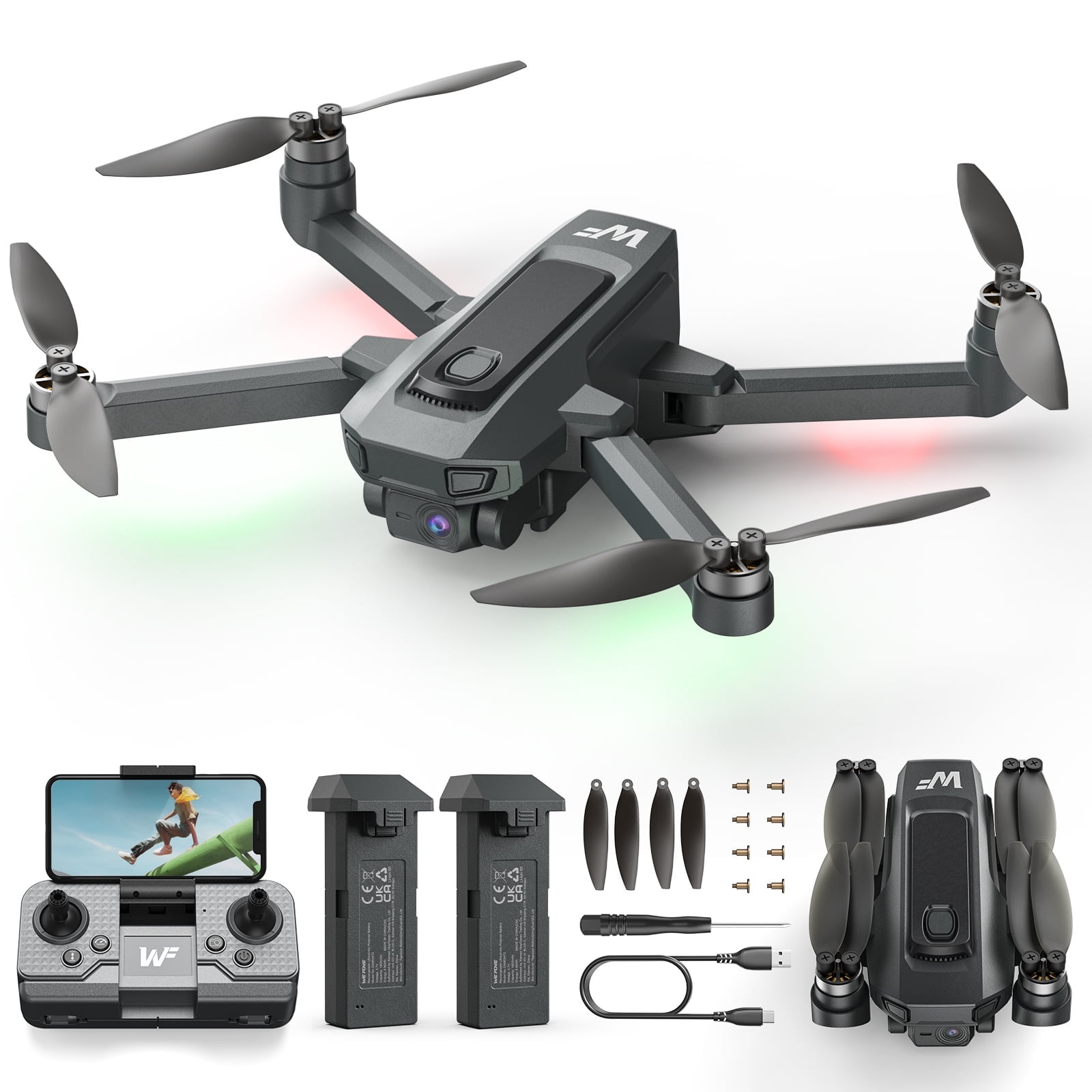 WeFone WF20 Drone with Camera for Kids 1080P FPV Dron Toys with Brushless Motor, 2 Batteries, Black