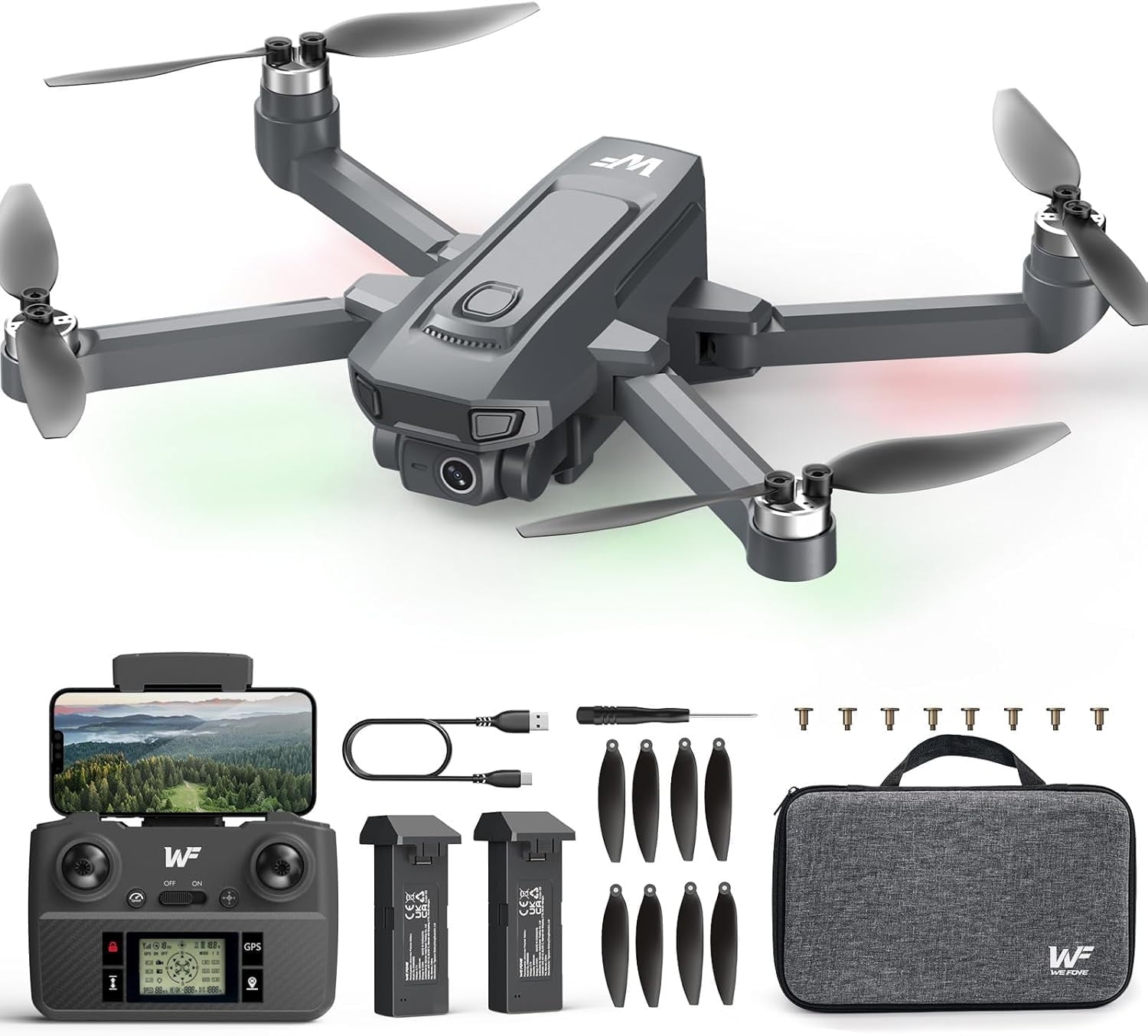 WeFone WF30 GPS Drones with Camera for Adults 4k, 5G Wi-Fi Foldable RC Quadcopter, 2 Batteries, Black