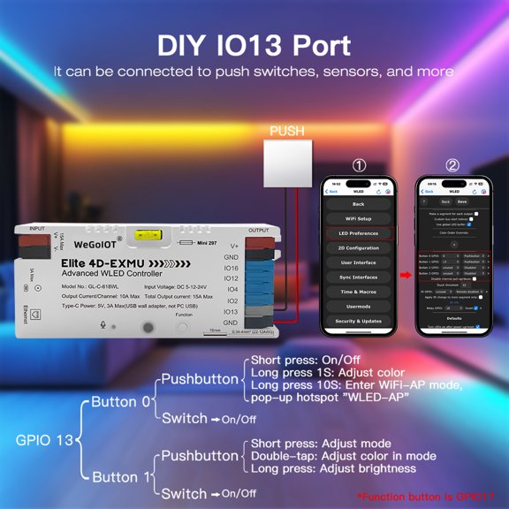 WeGoIOT ESP32 WLED LED Light Strip Controller with Ethernet Music Sound Reactive UART Energy Save Relay 20A Pluggable Fuse 4 Channel DIY Dynamic for WS2811 Digital Addressable RGB IC Strip Light