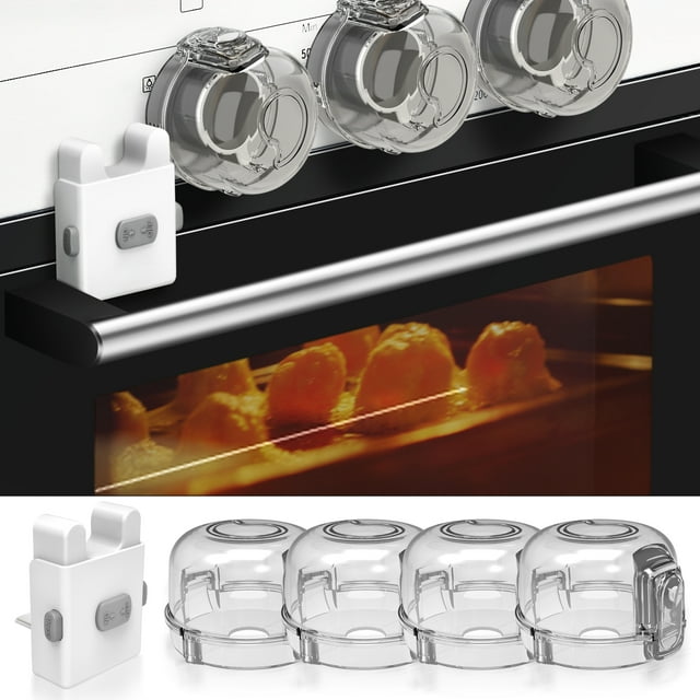 WeGuard 5 Pack Child Proof Clear Gas Stove Knob Covers+Oven Door Locks