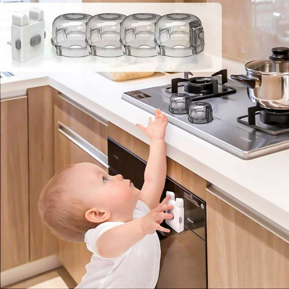 WeGuard 5 Pack Child Proof Clear Gas Stove Knob Covers+Oven Door Locks, Baby Safety Adhesive Lock Kit for Toddler Kids Kitchen Safety Guard No Drill