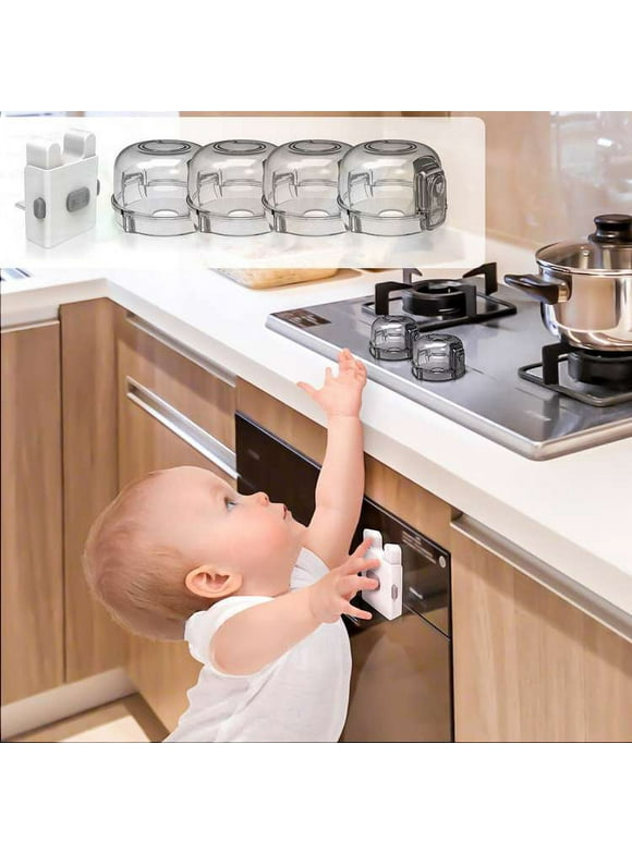 WeGuard 5 Pack Child Proof Clear Gas Stove Knob Covers+Oven Door Locks, Baby Safety Adhesive Lock Kit for Toddler Kids Kitchen Safety Guard No Drill