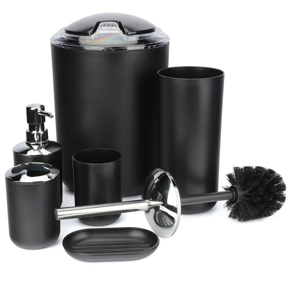 WeGuard Bathroom Accessories Set, 6 Pcs Gift Ensemble Set Toothbrush Holder, Toothbrush Cup, Soap Dispenser, Soap Dish, Toilet Brush Holder and Trash Can, Black