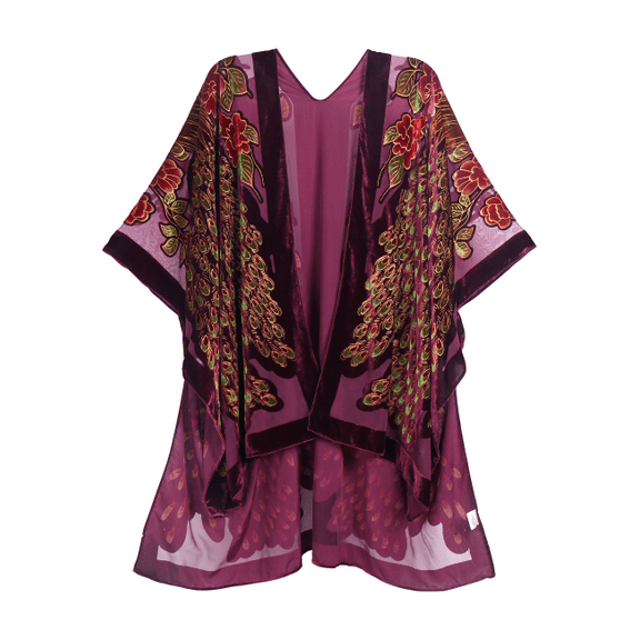 Women's Velvet Kimono Bohemian Short Peacock Open Wool Sweater, Beach Set Sweater, Holiday Leisure Open Wool Shawl (Wine Red)