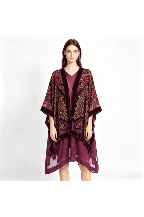 Women's Bohemian Burnout Velvet Long Tassel Kimono Beach Cover Up Shawl, Wine Red