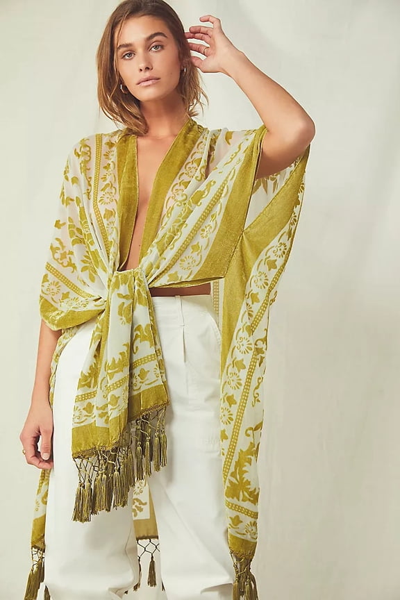 -Women's Burnout Velvet Kimono Bohemian Long Cardigan with Tassel Beach Cover-up Holiday Casual Cardigan Shawl