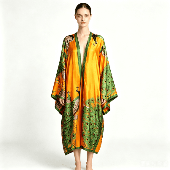 WeHello Women's shirt peacock print kimono long style clothes summer casual swimsuit cardigan