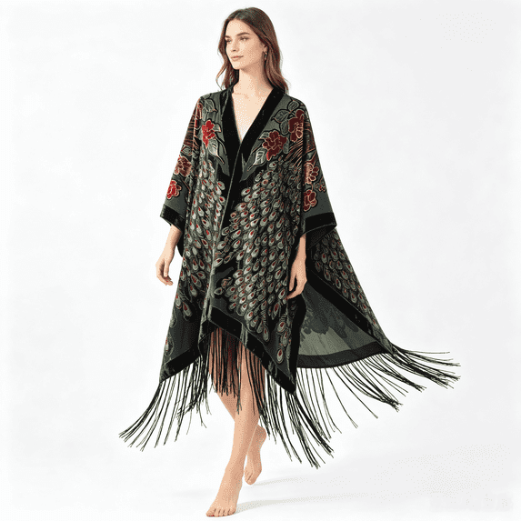WeHello Women's Green Peacock Print Boho Velvet Kimono, Fringe Open-Front Beach Cover-Up Shawl for Vacation