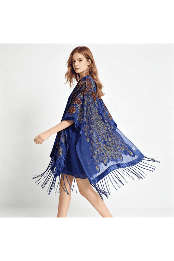 Women's Boho Velvet Peacock Embroidered Long Open Kimono Beach Shawl