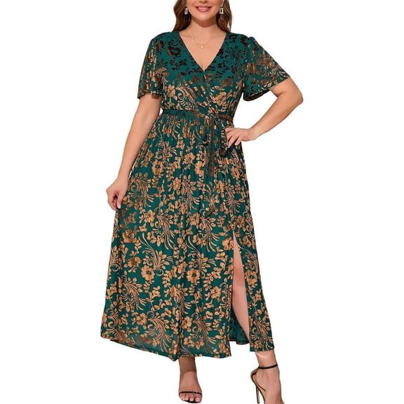 WeHello Women's Plus Size V-Neck Short Sleeve Green Wrap Maxi Dress, Cocktail Party Layered Dress, 16W