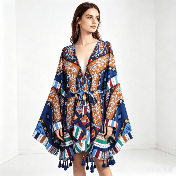 WeHello Women’s Twill Print Open Front Kimono Cardigan, One Size Loose Fit Summer Swimsuit Cover Up Lightweight Beach Casual Top