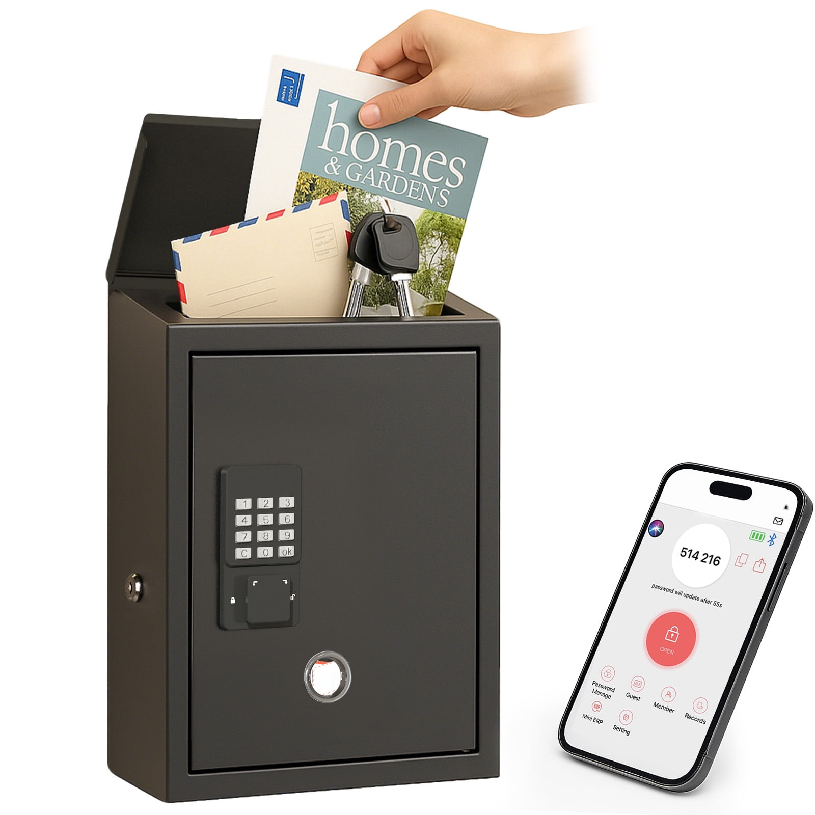 WeHere Mailbox with Smart Lock for Wall Mount, Suggesion Box, Business Key Drop Box, 4 Unlock Ways