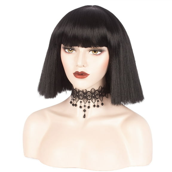 WeKen Fashion Wig Women's Short Bob Kinky Straight Full Bangs Synthetic Hairpieces Black