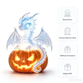 WePro Halloween 6 Inch Halloween Ice Dragon Pumpkin Figurine with LED Light Up Glow Spooky Jack-O-Lantern Statue Gothic Clear Transparent Crystal Dragon Decor Autumn Holiday Table Top Centerpiece