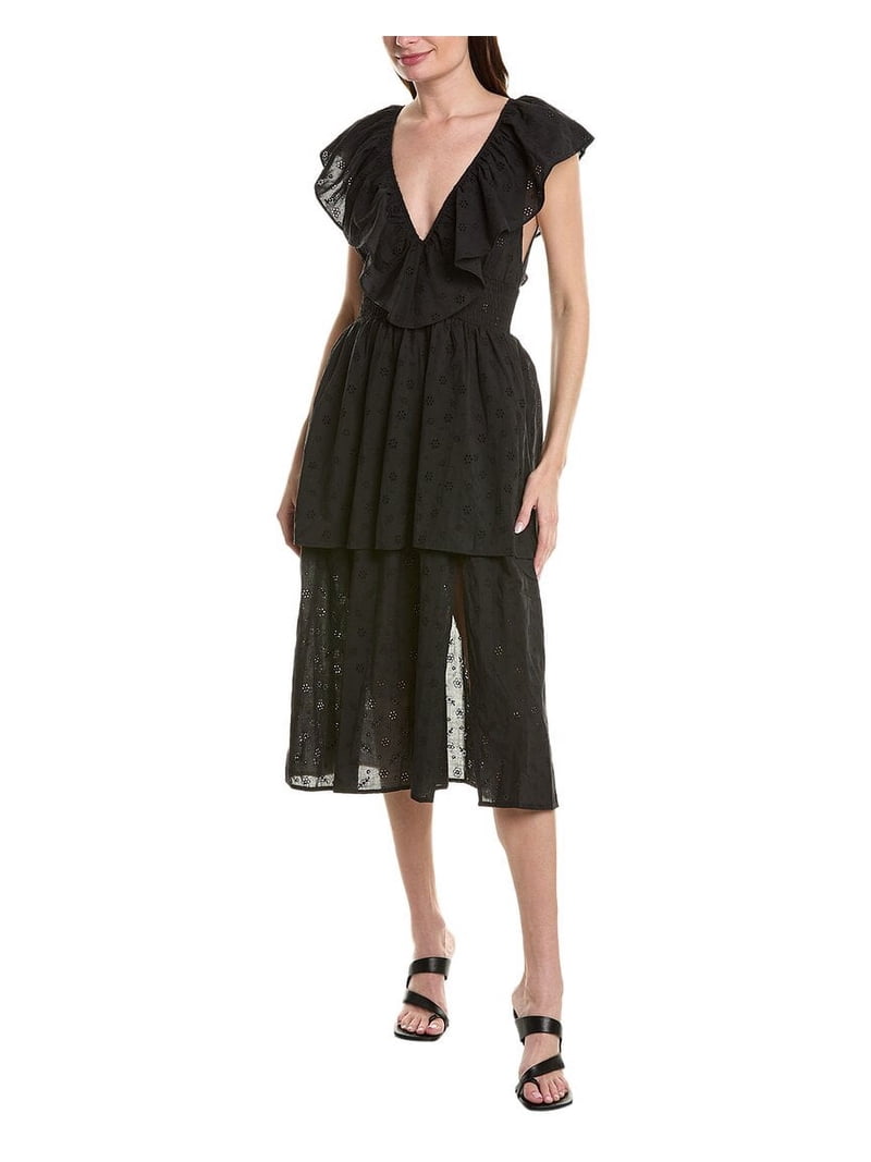 knee length dresses for ladies Blue Ruffle Accent Tiered Front Tie Midi Dress main image 1