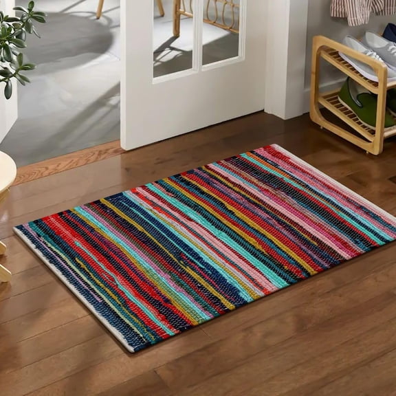WeWove Hand Woven Chindi Rug - Boho Rustic Area Accent Throw Rug - Area Floor Carpet for Bedroom Living Room Kitchen Dorm Entryway Hallway - 20x32 inch Area Rug Multicolor