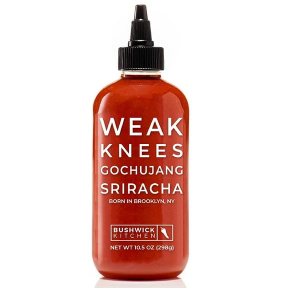 Weak Knees Gochujang Sriracha Hot Sauce, Sriracha Sauce 10.5oz Easy Squeeze Bottle, Korean Gochujang Paste Infused Sriracha Chili Sauce, Vegan Hot Sauce, Unique Gifts for Men, Food Gifts