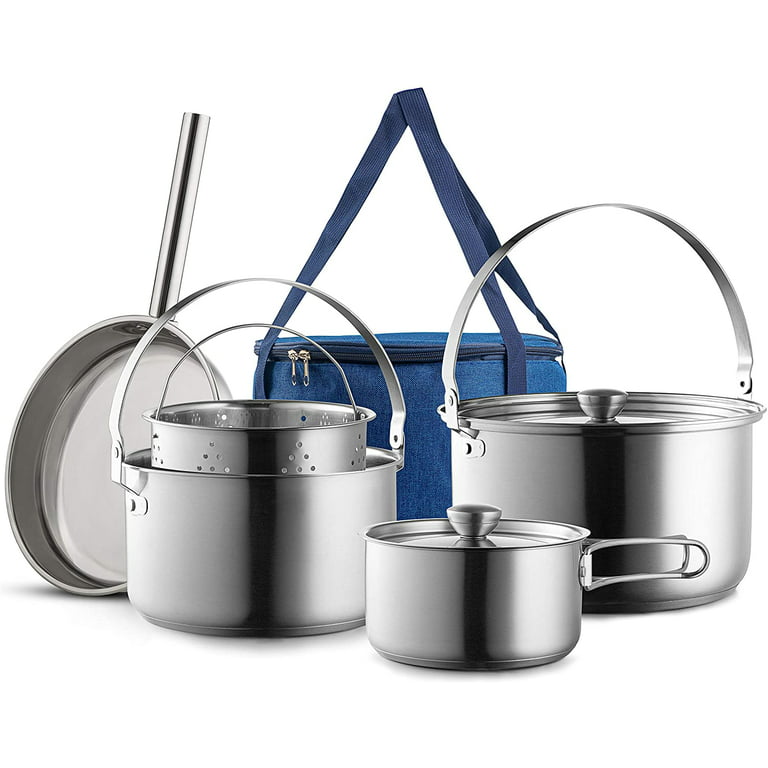 Wealers 8pc Camping Cookware Set Stainless Steel Pots and Pans with Travel  Tote Bag