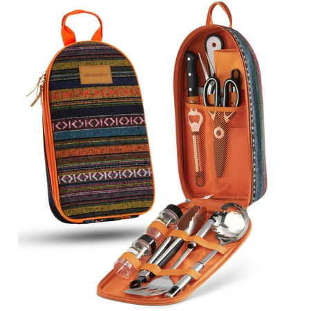 Wealers Kitchen Gadgets | 11- Piece Cooking Utensils Set for Travelers | Compact Sized Travel Organizer | Stainless Steel Cookware | Orange