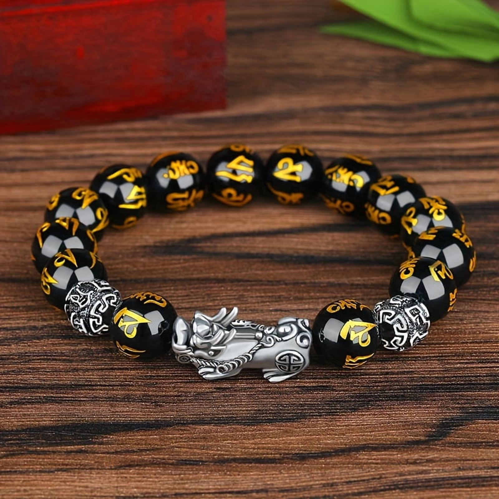 GENERIC [Wealth Good Luck Dragon Bracelet] 1pc Dragon Bracelet, Feng Shui Black Obsidian Wealth Bracelet Good Luck Bracelets for Women Men,Silver