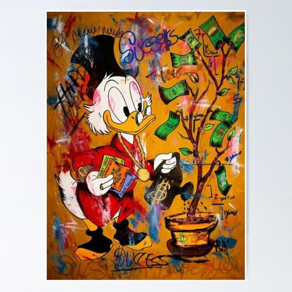 Wealthy Cartoon Duck Swimming In Gold Coins Wall Decor Retro Animation Art, Unframed Poster