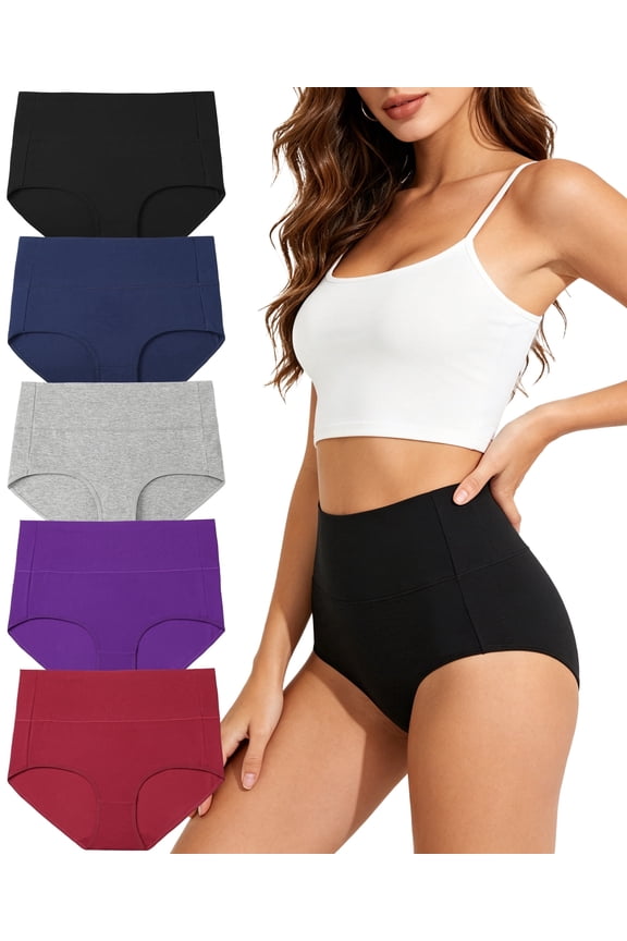 Women's Cotton High Waist Underwear Tummy Control Bikini - Breathable Soft Panties for Women Plus Size 5 Pack