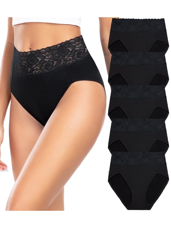 Women's High Waisted Lace Underwear Bikini - Cotton Soft Stretch Hipster Panties for Ladies 5 Pack S-2XL