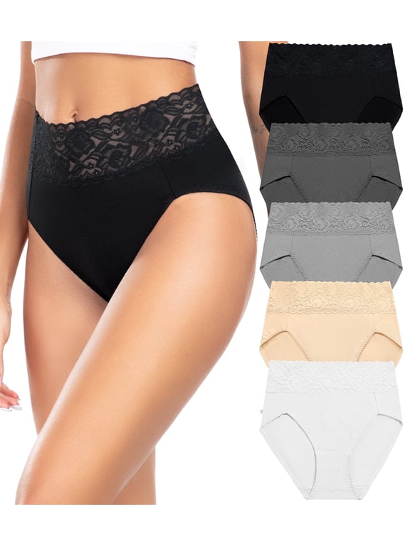 Women's High Waisted Lace Underwear Bikini - Cotton Soft Stretch Hipster Panties for Ladies 5 Pack S-2XL