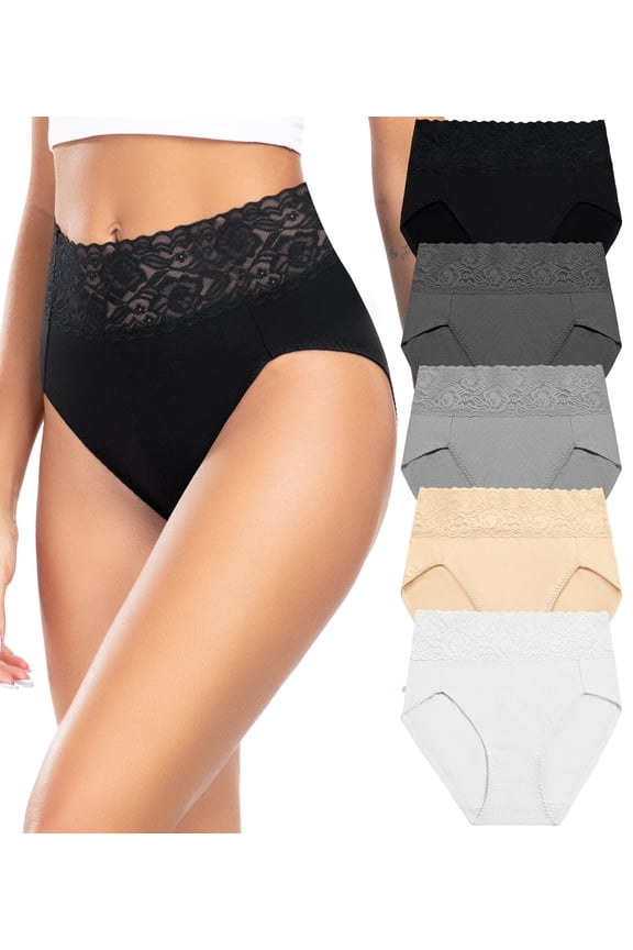 Women's High Waisted Lace Underwear Bikini - Cotton Soft Stretch Hipster Panties for Ladies 5 Pack S-2XL