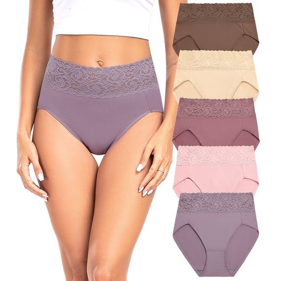 Wealurre Women's High Waisted Lace Underwear Bikini - Cotton Soft Stretch Hipster Panties for Ladies 5 Pack S-2XL