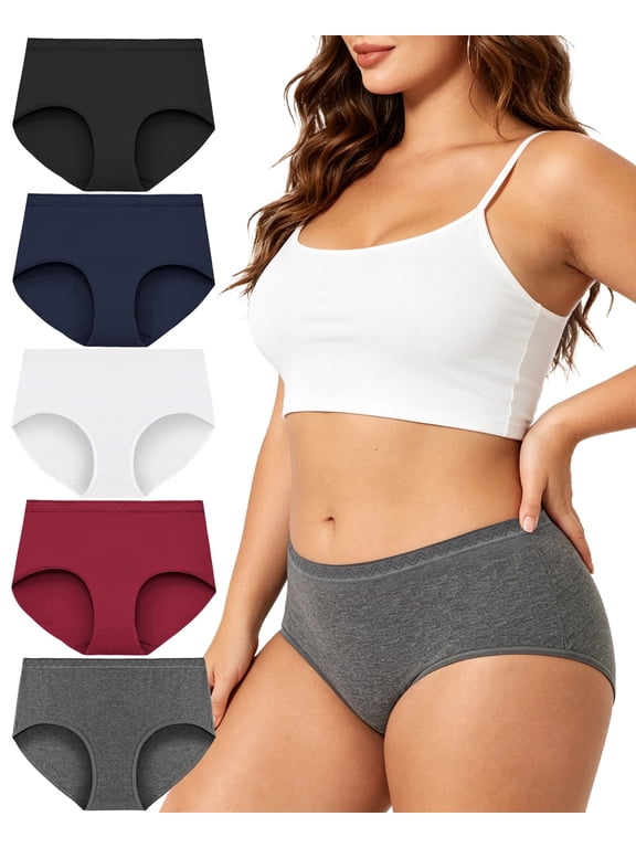 Women's Plus Size Cotton Brief Underwear, Cotton Mid-Rise Full Coverage Panties, Soft Stretch 5-Pack S-4XL