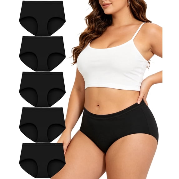Wealurre Women's Plus Size Cotton Brief Underwear, Cotton Mid-Rise Full Coverage Panties, Soft Stretch 5-Pack S-4XL